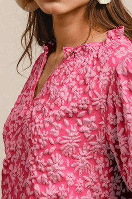 BiBi Floral Pattern Texture Short Balloon Sleeves Ruffled Blouse
