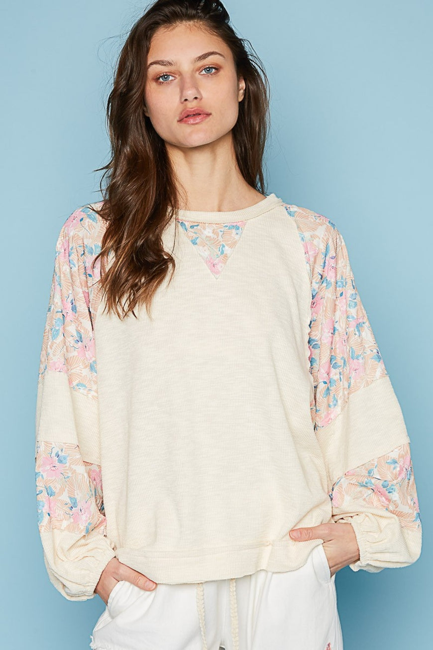 POL Round Neck Balloon Floral Long Sleeve Top - TopFashionHQ