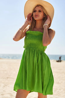 Davi & Dani Smocking Halter Neck Tie Open Back Mini Dress