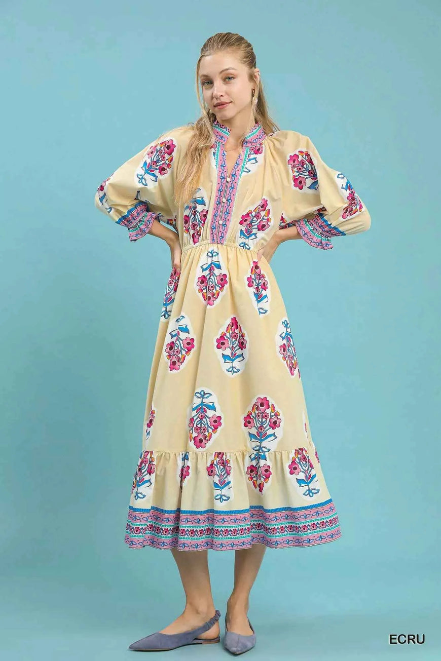 Umgee Flower Patch Border Print Midi Dress