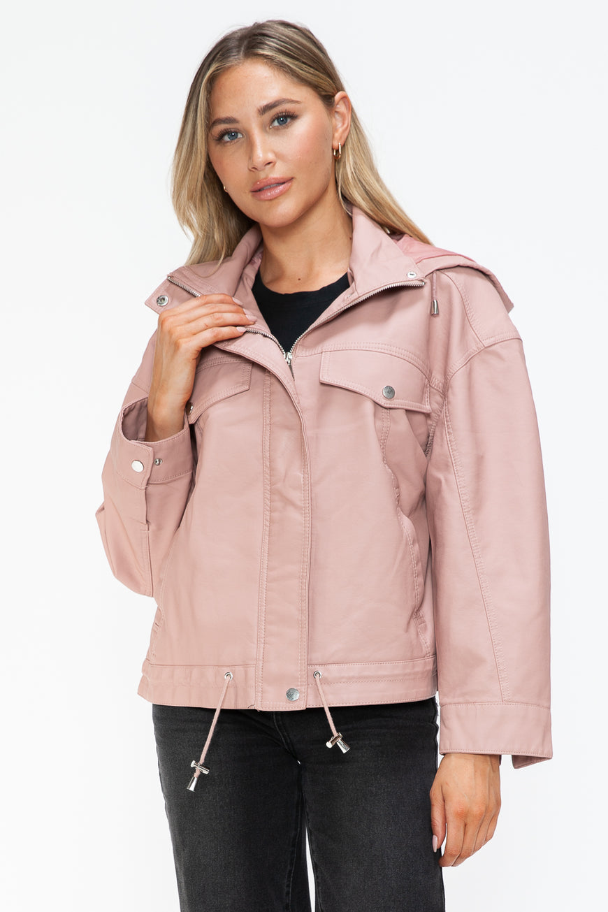 How Dare U Drawstring Hem PU Leather Zip Up Jacket - TopFashionHQ