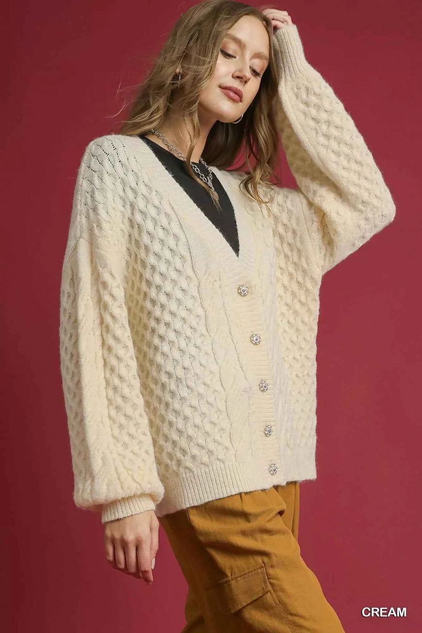 Umgee Cable Knit Pearl Button Cardigan