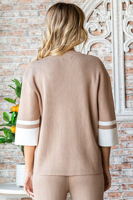 First Love Contrast V Neck Ribbed Knit Top - TopFashionHQ