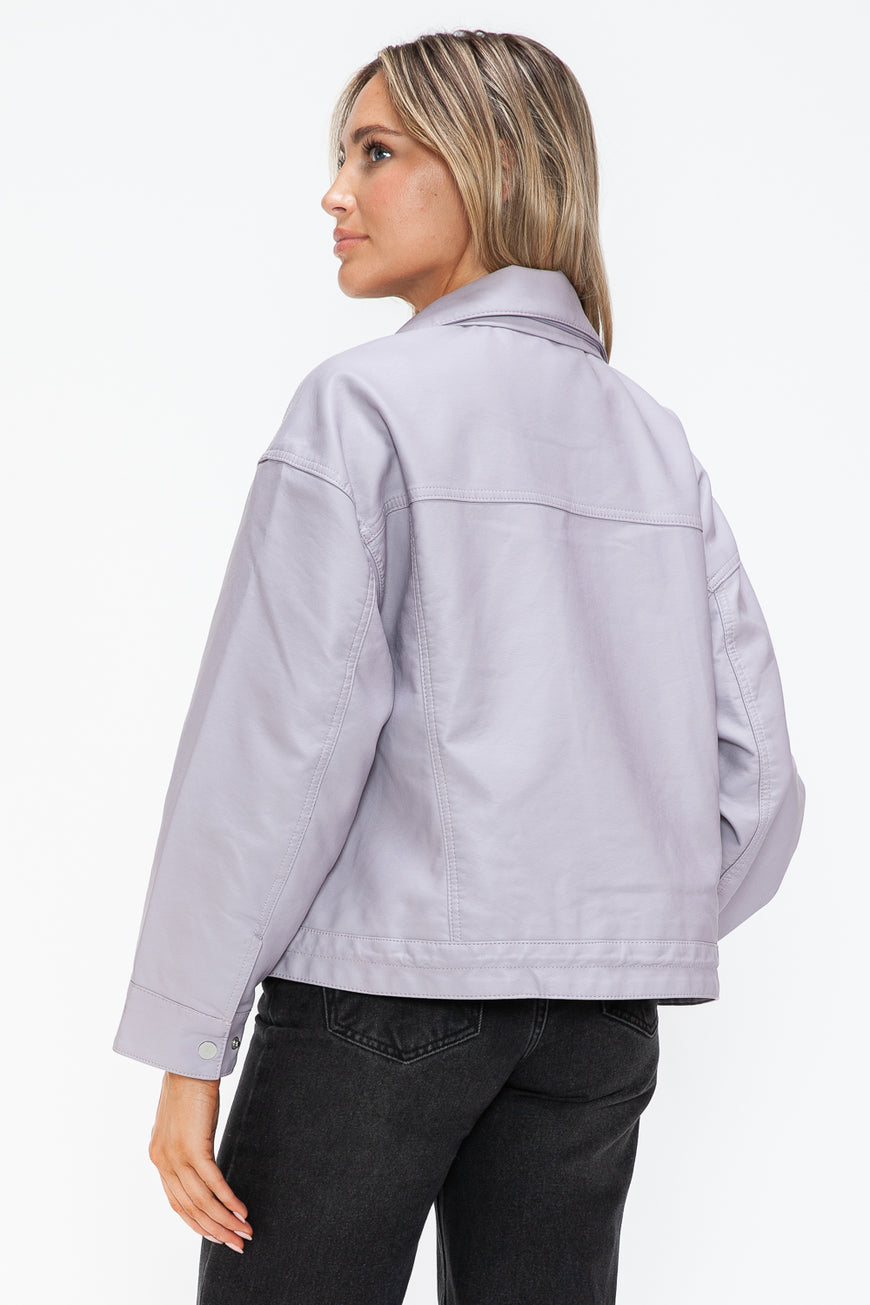 How Dare U Drawstring Hem PU Leather Zip Up Jacket - TopFashionHQ