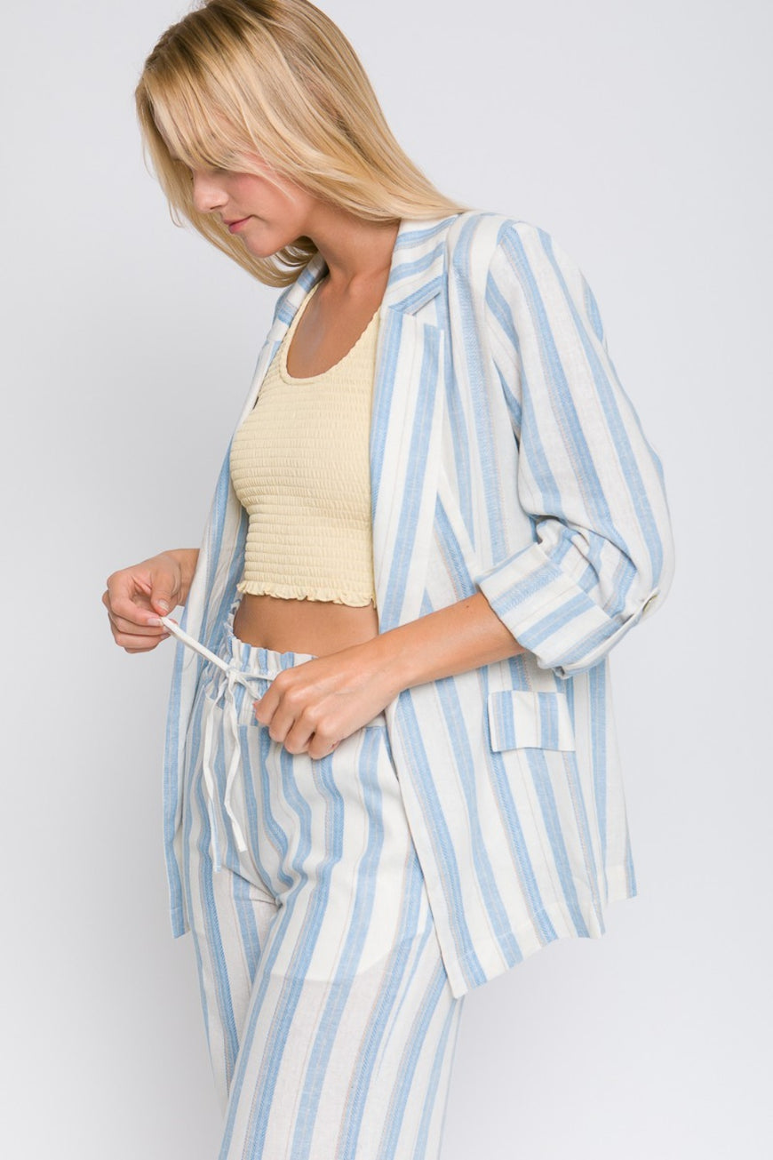 Love Tree Linen Woven Striped Blazer - TopFashionHQ