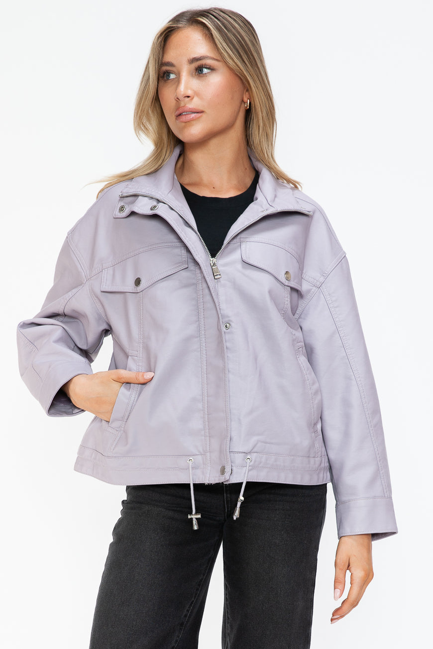 How Dare U Drawstring Hem PU Leather Zip Up Jacket - TopFashionHQ