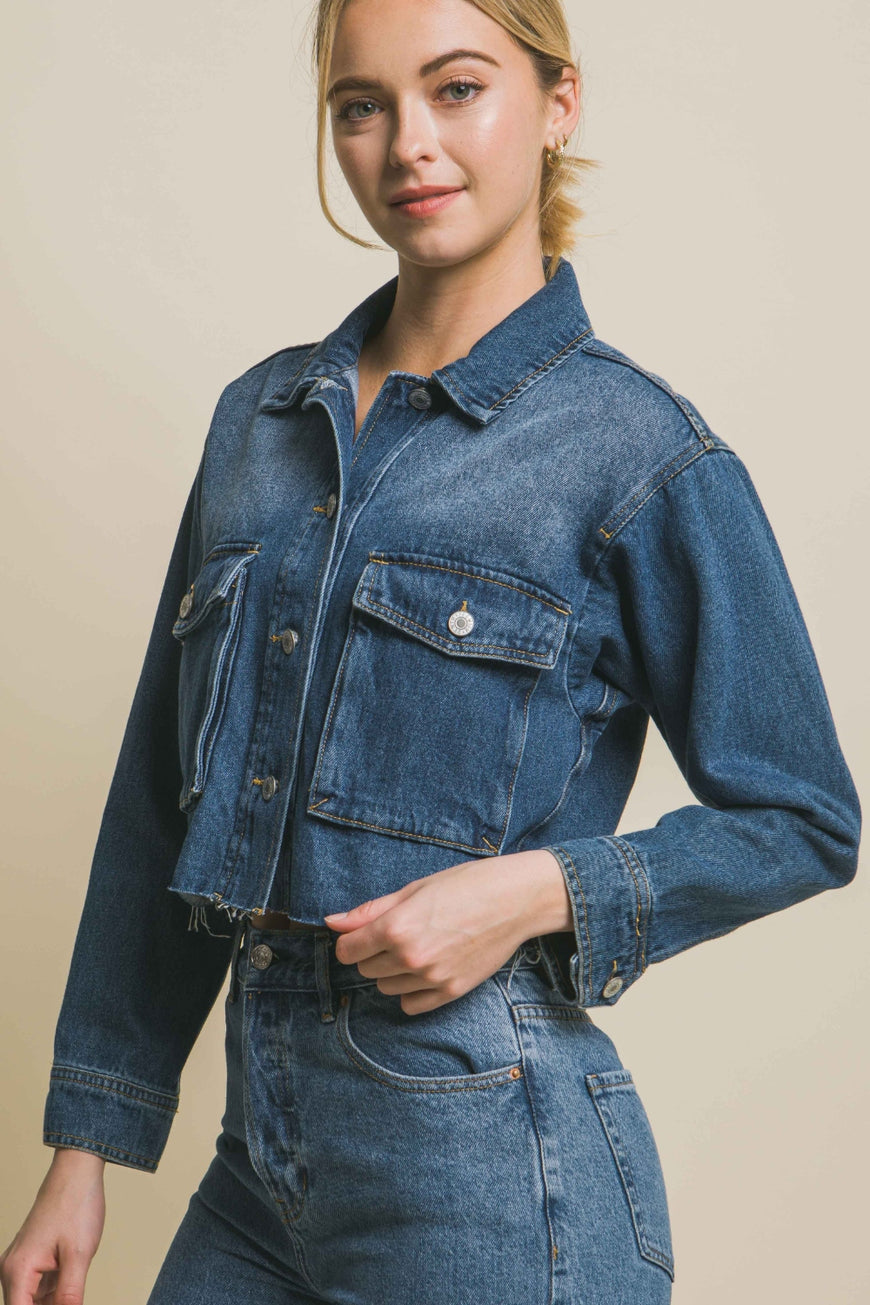 Love Tree Raw Hem Button Up Cropped Denim Jacket - TopFashionHQ