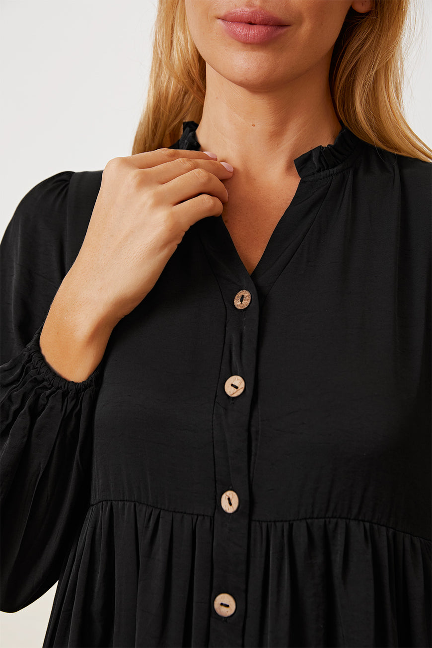 Ruffled Button Up Long Sleeve Tiered Shirt - TopFashionHQ
