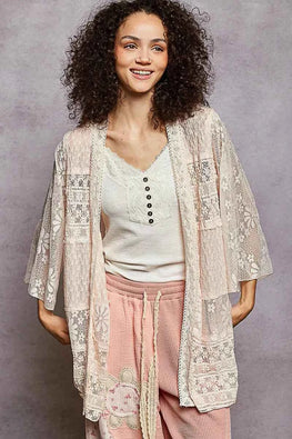 POL Lace Floral Open Front Cardigan with Trim Detail