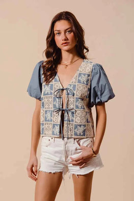 SO ME Crochet Lace Tie Front V Neck Blouse Top