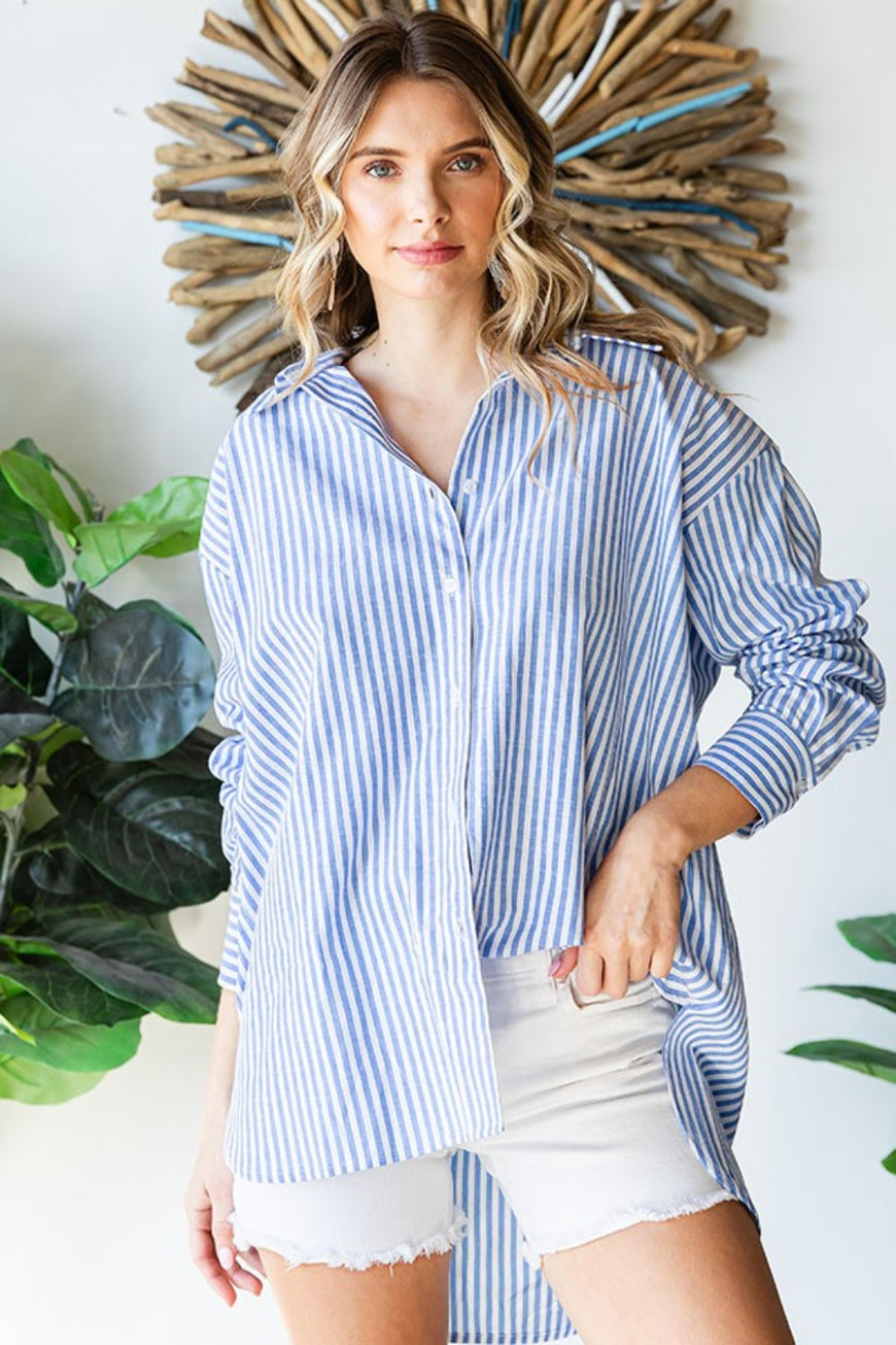 First Love Striped Button Down High-Low Hem Shirt - TopFashionHQ