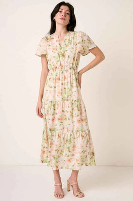 Mittoshop Flower Print Flutter Sleeve V Slit Maxi Dress