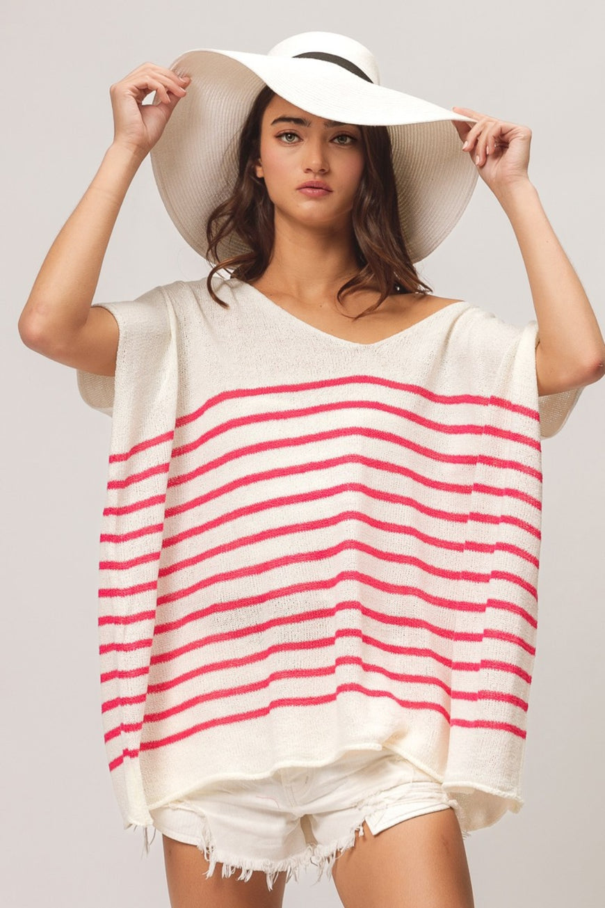 BiBi V Neck Striped Short Sleeve Top - TopFashionHQ