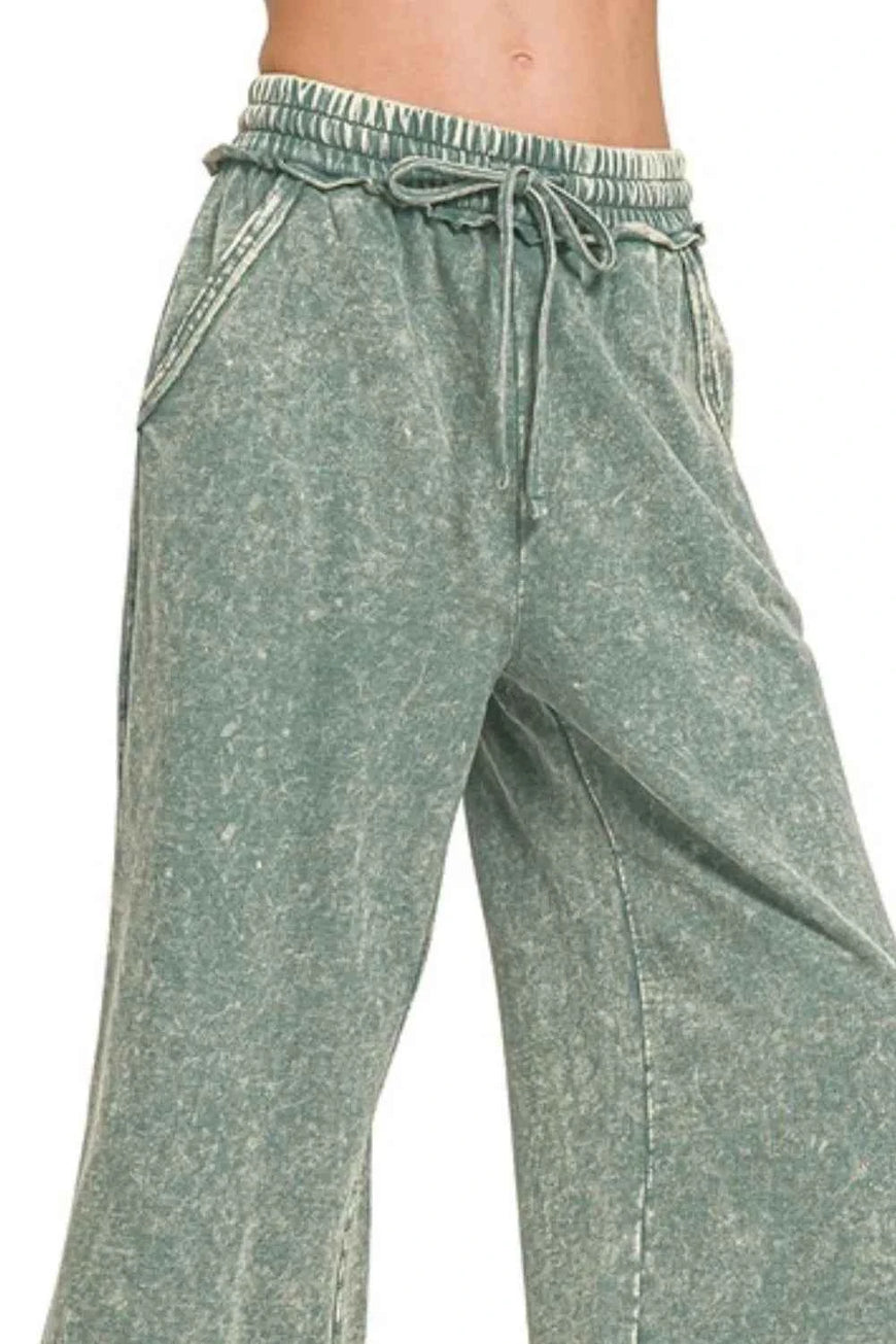 Zenana Washed French Terry Palazzo With Pockets