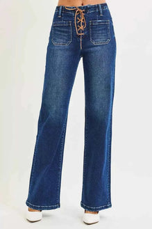 RISEN Full Size High Rise Wide Leg Jeans with Front Tie Detail Plus Size