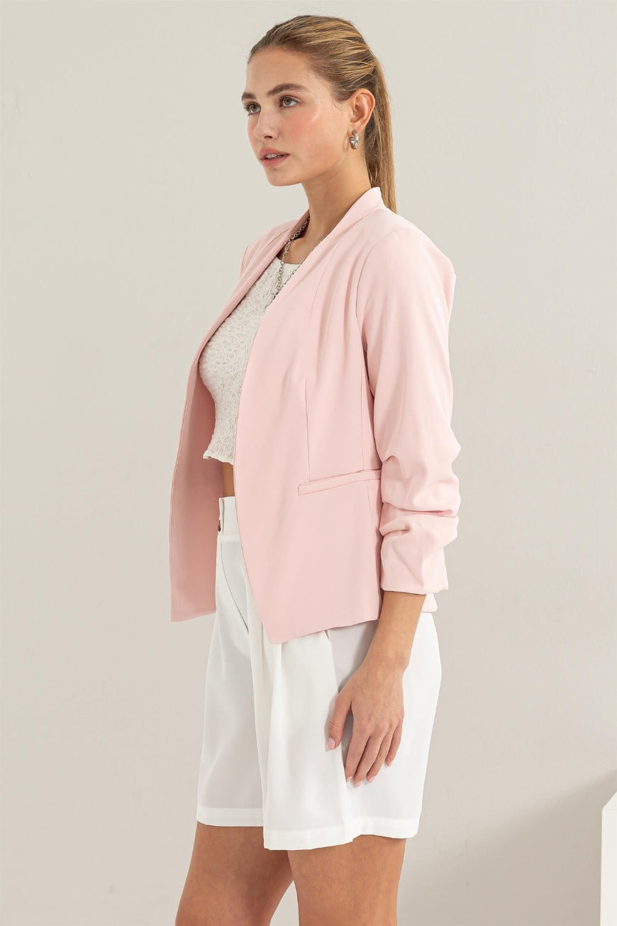 HYFVE Open Front Ruched Sleeve Blazer - TopFashionHQ