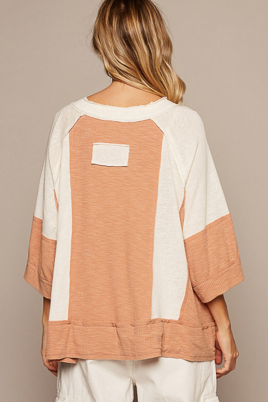 POL Notched Frayed Edge Contrast Top - TopFashionHQ