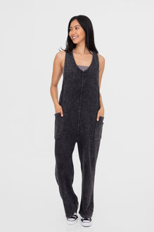 Mono B Mineral-Washed V Neck Overalls with Pockets