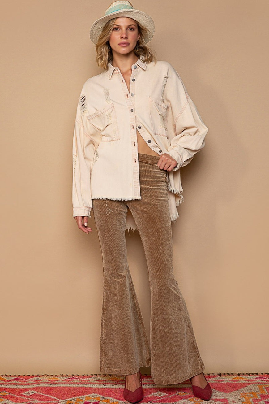 POL Button Down Raw Hem Distressed Shacket - TopFashionHQ
