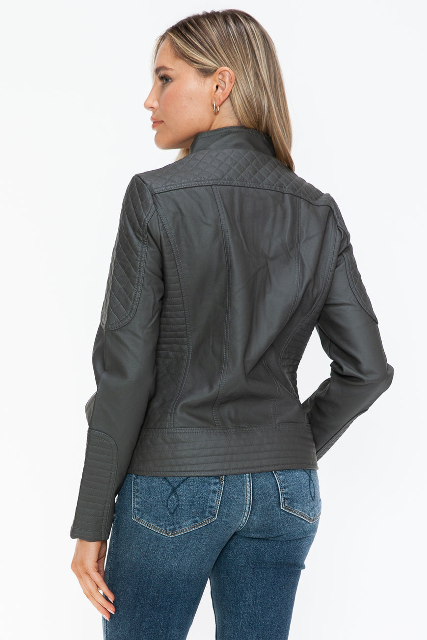 Snobbish Faux Leather Zip Up Mock Neck Jacket - TopFashionHQ