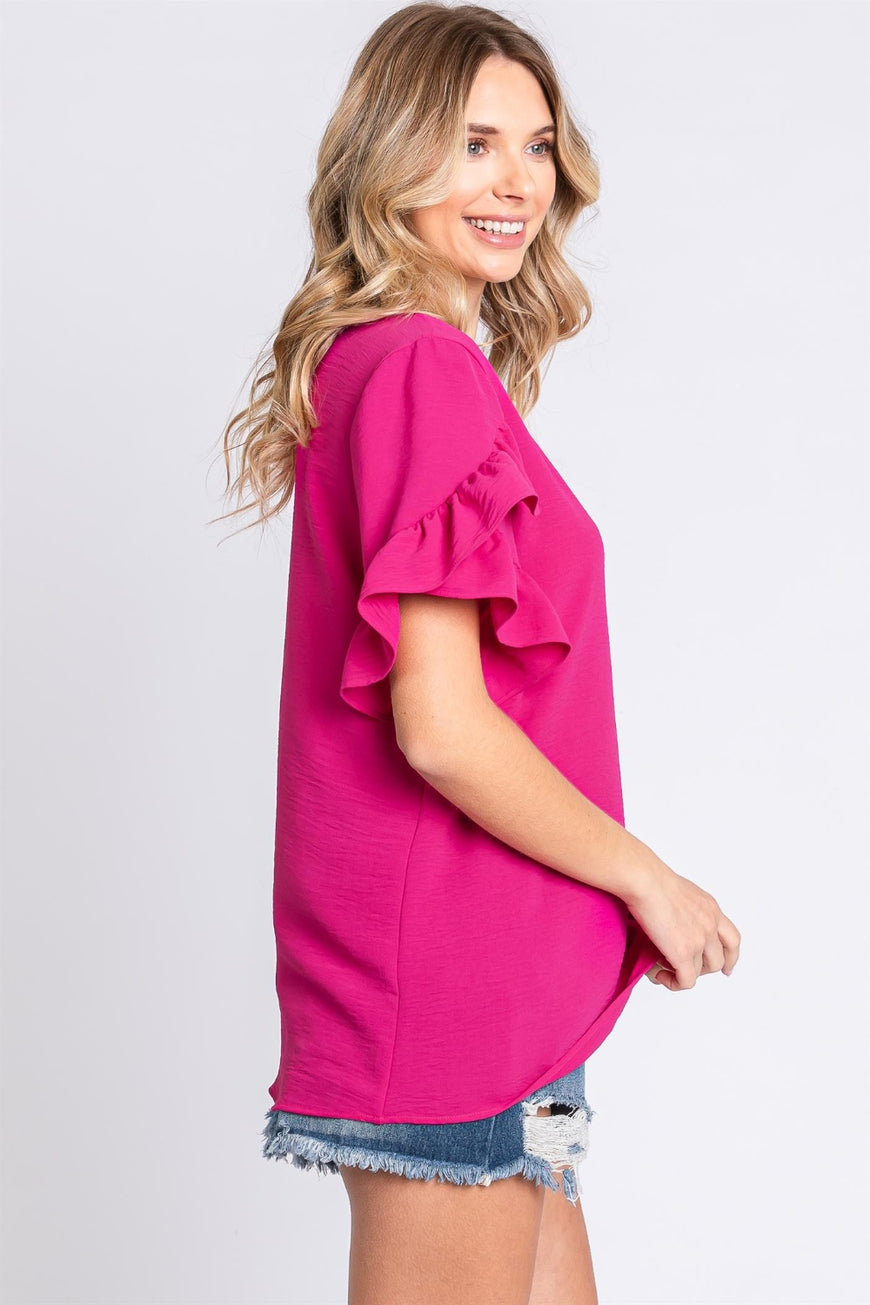 GeeGee V-Neck Ruffle Trim Short Sleeve Blouse - TopFashionHQ