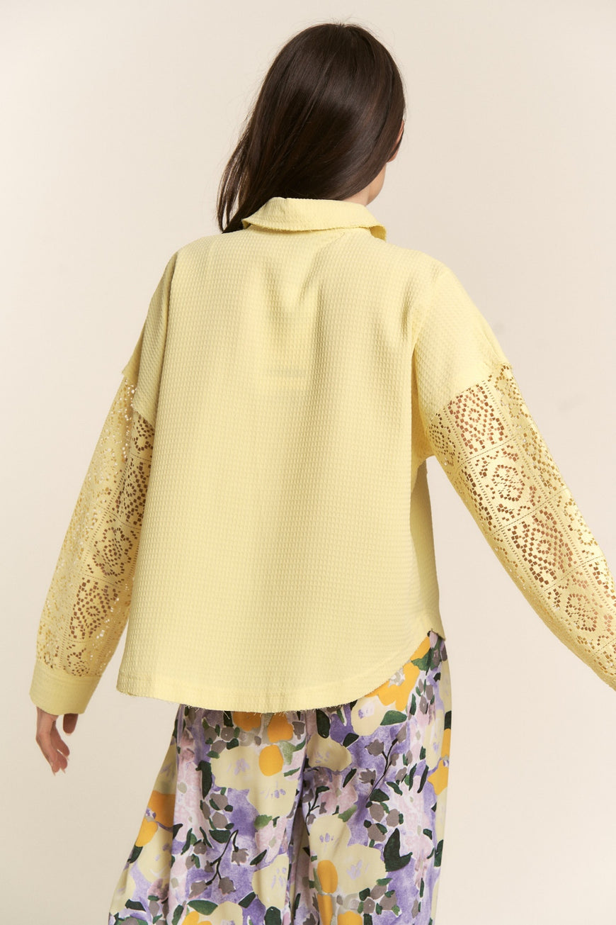 J.NNA Button Down Lace Long Sleeve Waffle Shirt - TopFashionHQ