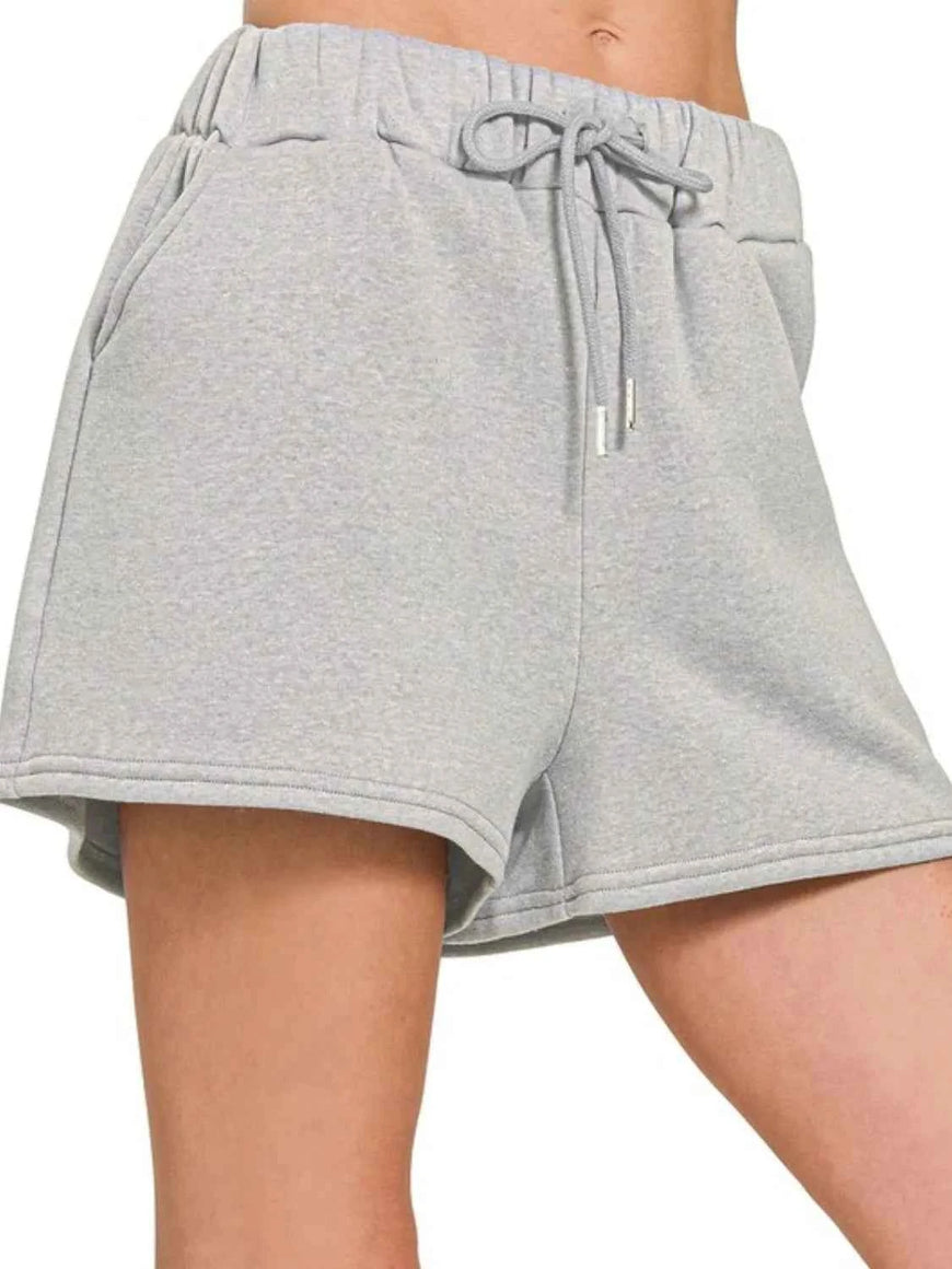 Zenana Fleece Drawstring Short Pants With Pockets