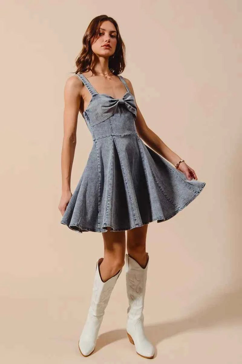 SO ME Mineral Washed Bow Ribbon Denim Flare Dress