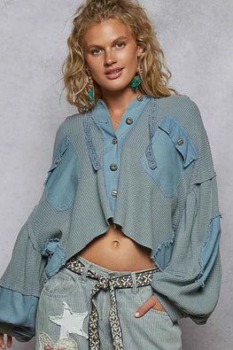 POL Contrast Cropped Jacket with Raw Edge Detail