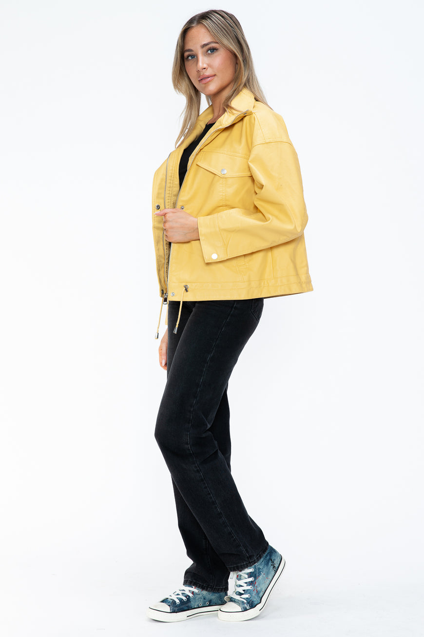 How Dare U Drawstring Hem PU Leather Zip Up Jacket - TopFashionHQ