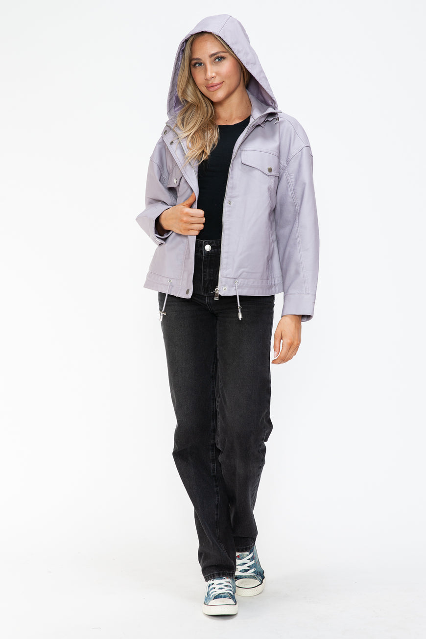How Dare U Drawstring Hem PU Leather Zip Up Jacket - TopFashionHQ