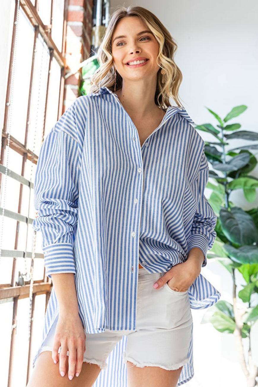 First Love Striped Button Down High-Low Hem Shirt - TopFashionHQ