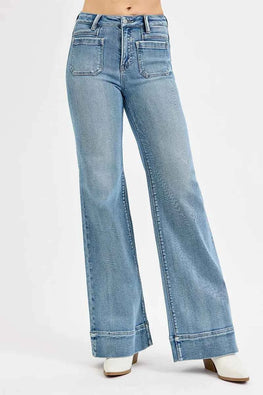 RISEN Full Size High Rise Wide Flare Patch Pocket Jeans Plus Size