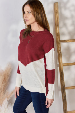 Hailey & Co Full Size Color Block Dropped Shoulder Knit Top - TopFashionHQ