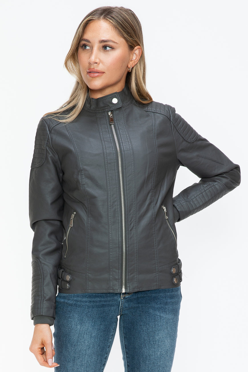 Snobbish Faux Leather Biker Jacket with Side Zip Pockets - TopFashionHQ