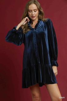 Umgee Velvet Ruffle Trim Mini Dress