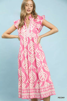 Umgee Leaf Print Tiered Maxi Dress with Pockets