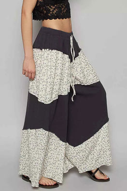 POL Contrast Floral Drawstring Wide Leg Pants