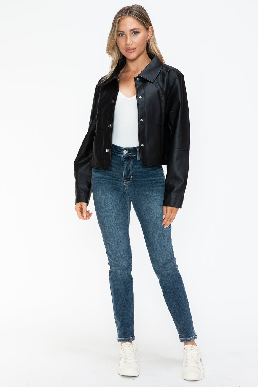 Snobbish Snap Down Long Sleeve PU Leather Jacket - TopFashionHQ