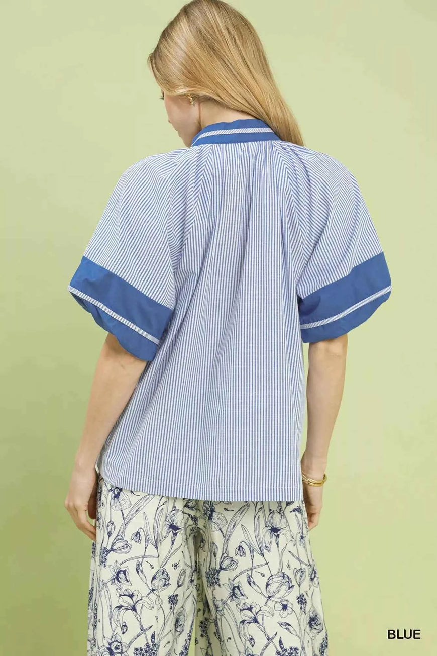 Umgee Striped Mixed Puff Sleeve Blouse