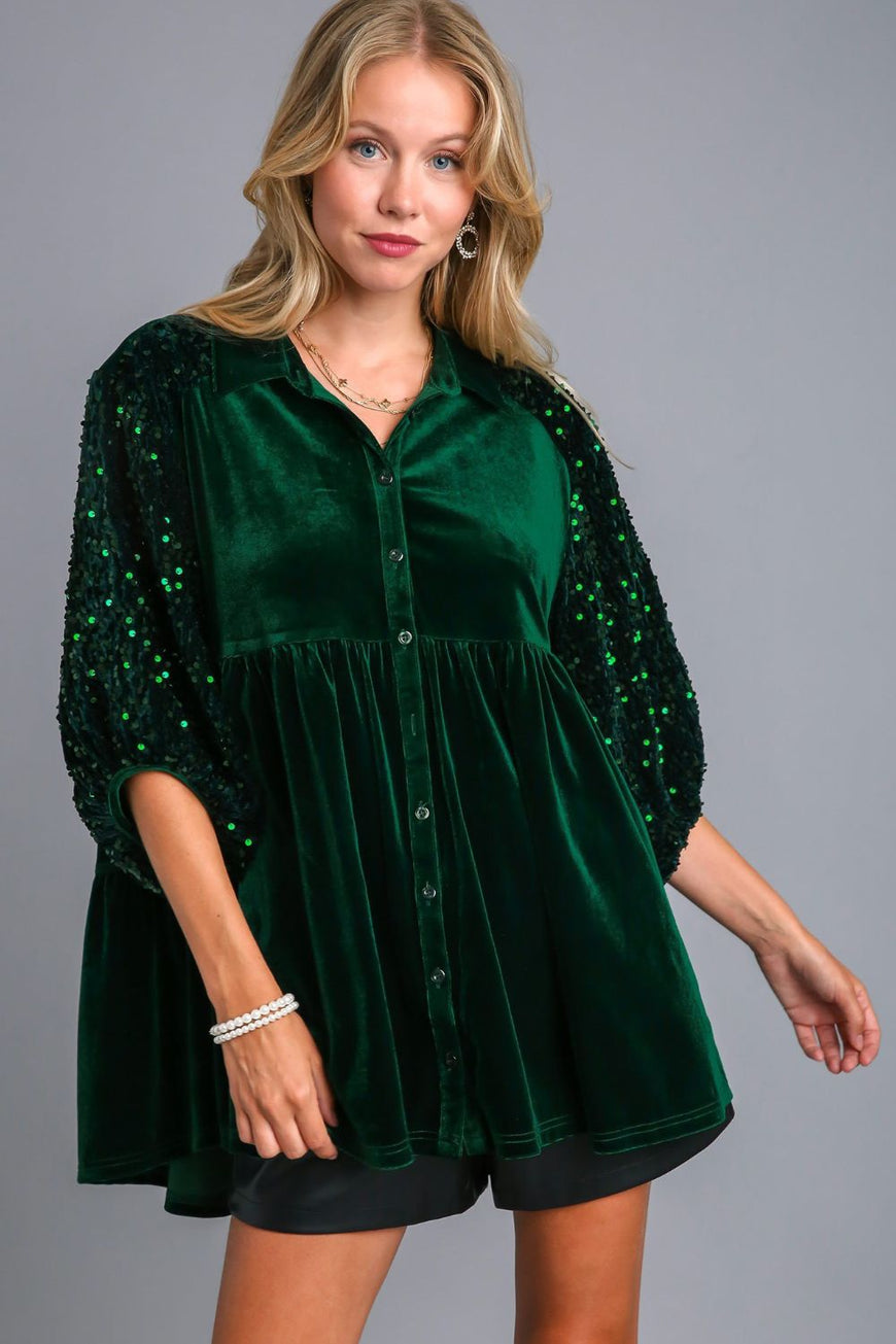 Umgee Sequin Detail Tiered Back Half Sleeve Shirt - TopFashionHQ