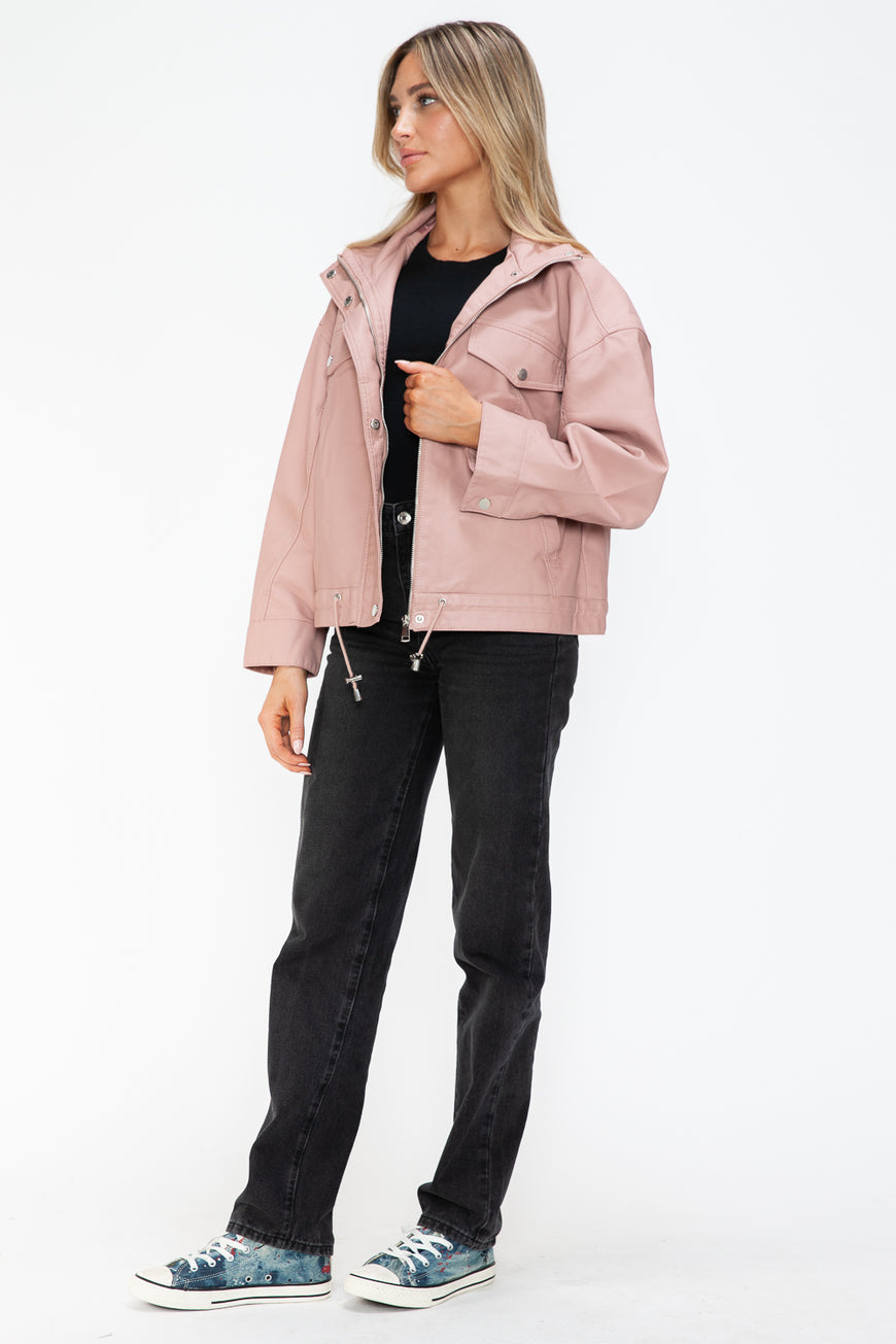 How Dare U Drawstring Hem PU Leather Zip Up Jacket - TopFashionHQ
