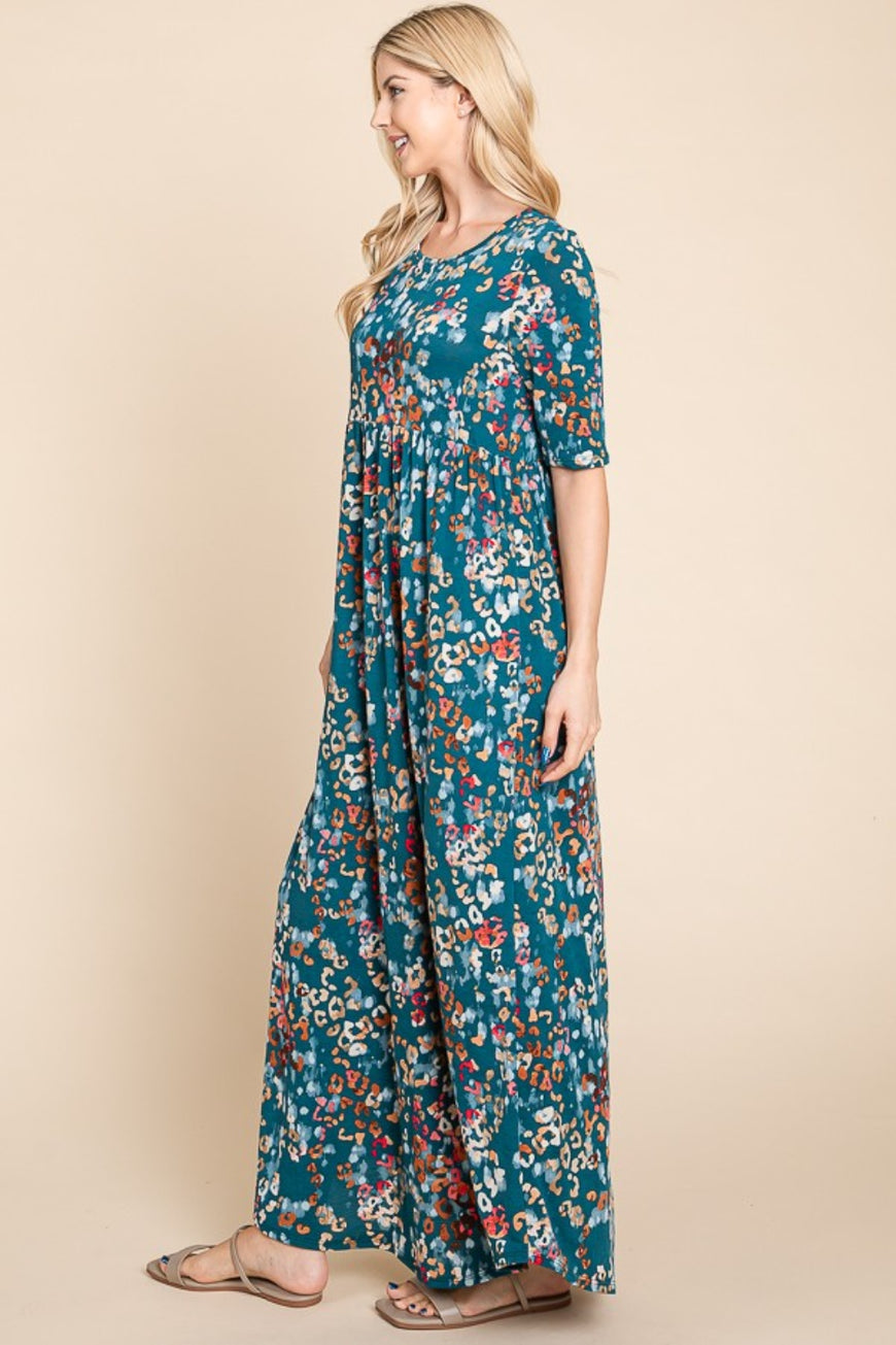 BOMBOM Printed Shirred Maxi Dress - TopFashionHQ