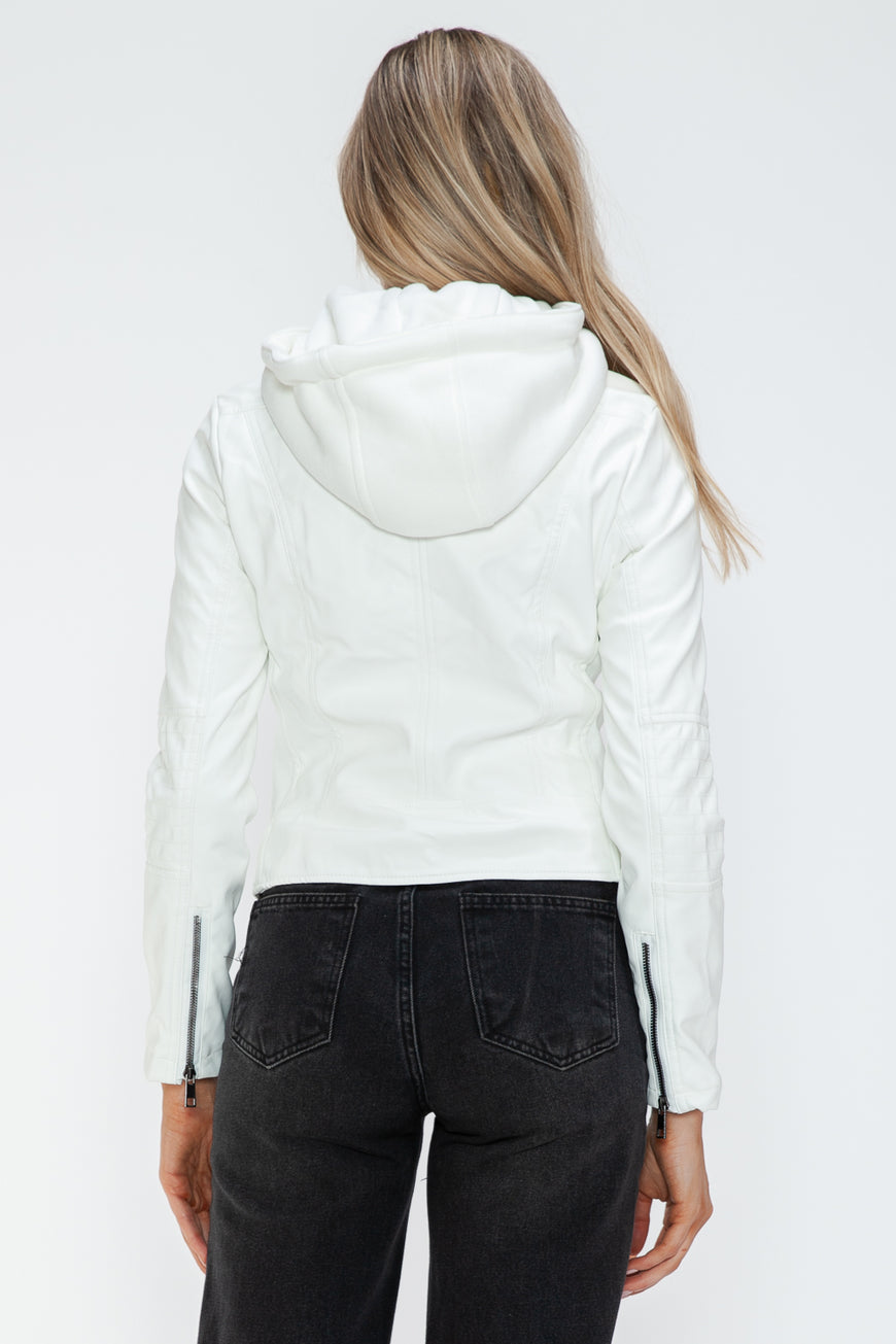 Snobbish Faux Leather Zip Up Drawstring Hooded Jacket - TopFashionHQ