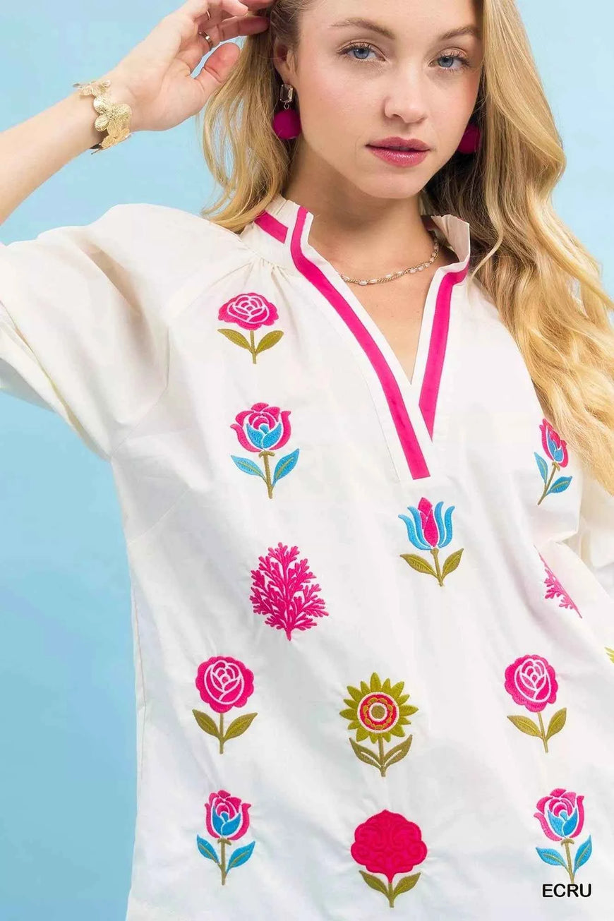 Umgee Embroidered Floral Top with Contrast Trim