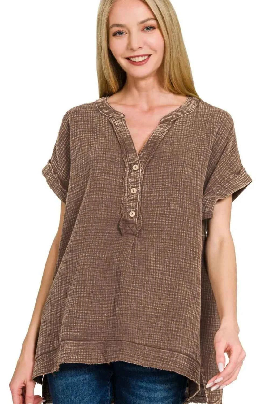 Zenana Washed Double Gauze 3/4 Button Henley Neck Shirt