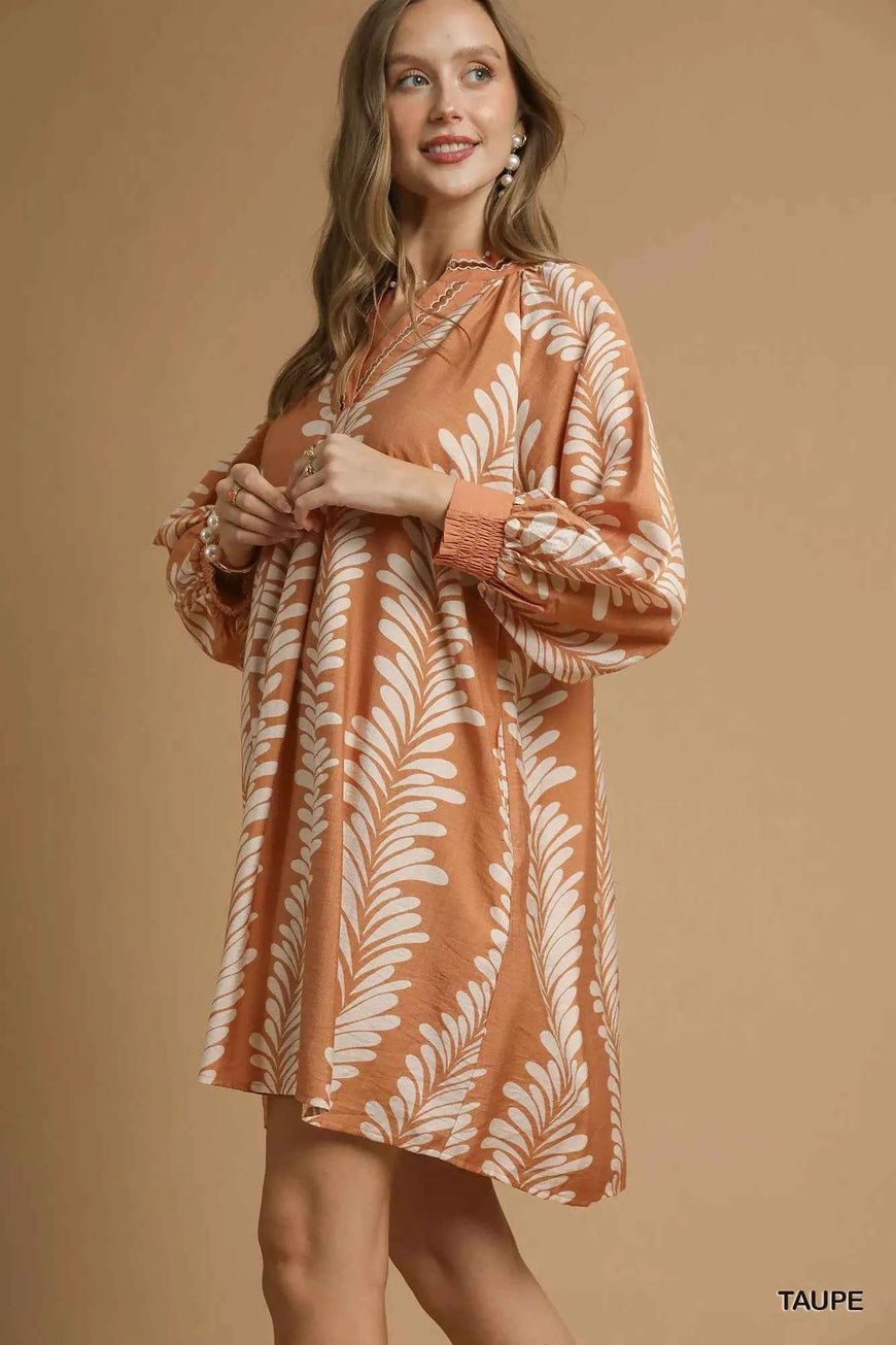Umgee Leaf Print Notched Mini Babydoll Dress