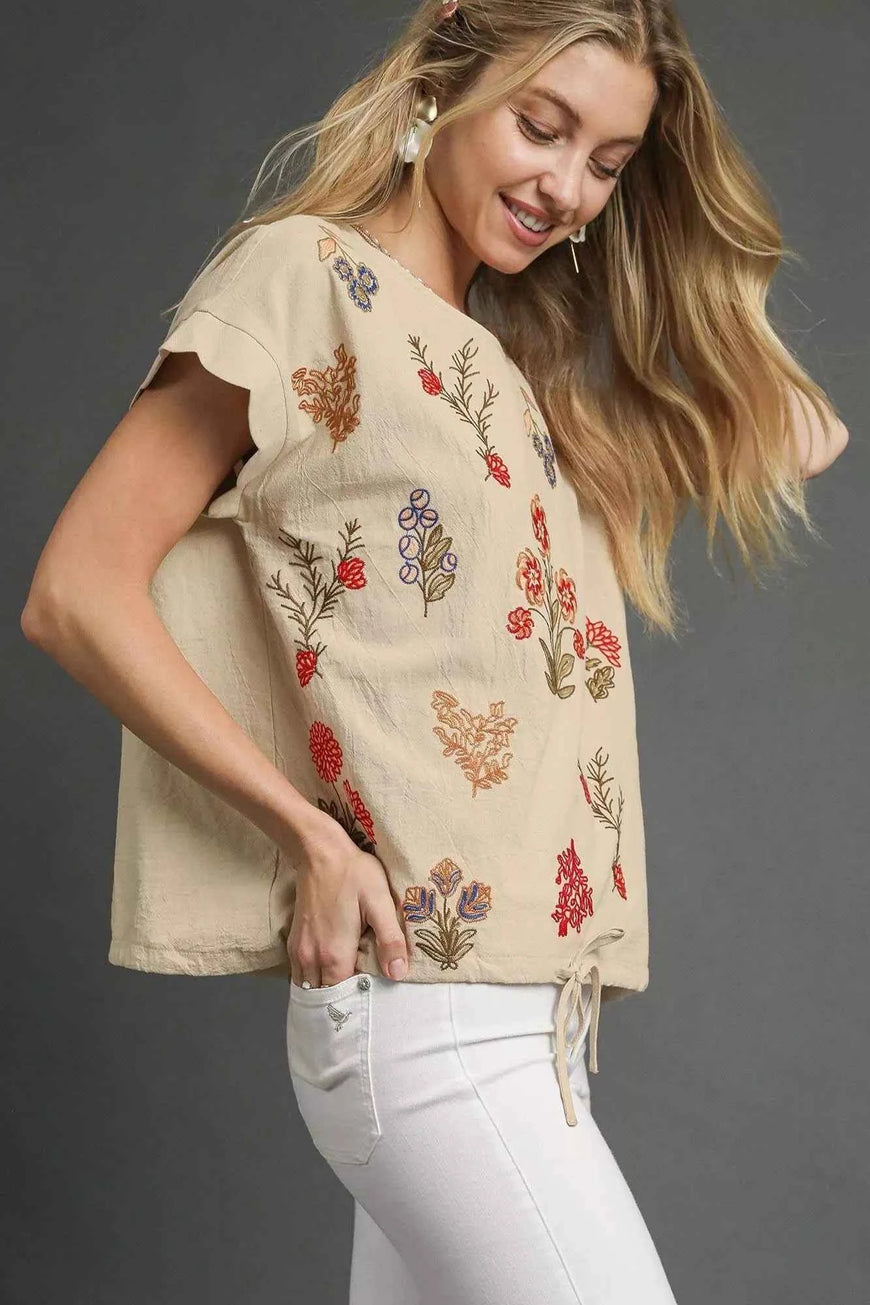 Umgee Embroidered Scallop Sleeve Top with Drawstring Hem