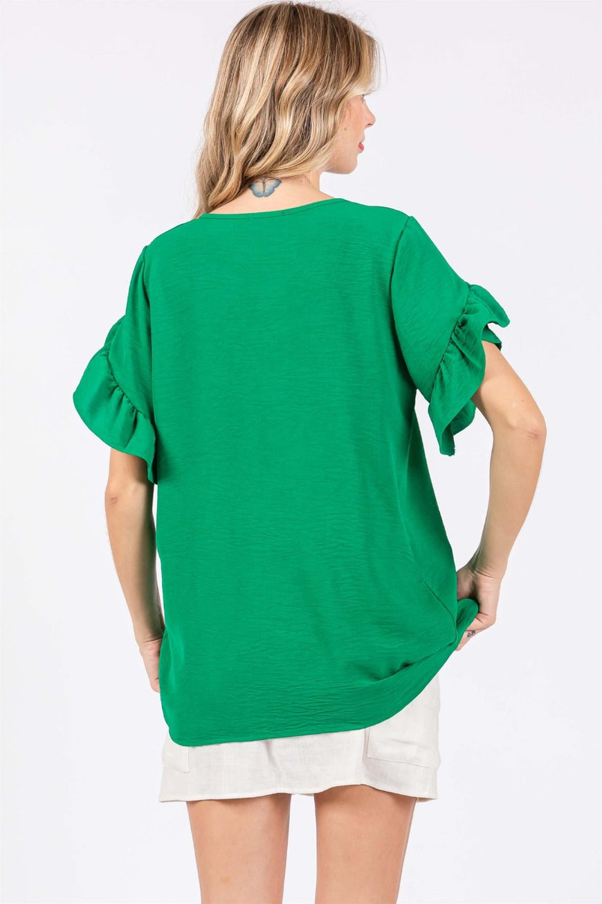 GeeGee Ruffled Short Sleeve V-Neck Blouse - TopFashionHQ
