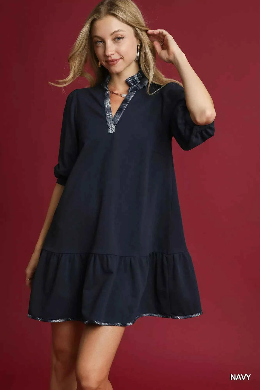 Umgee French Terry Ruffle Hem Dress with Plaid Trim